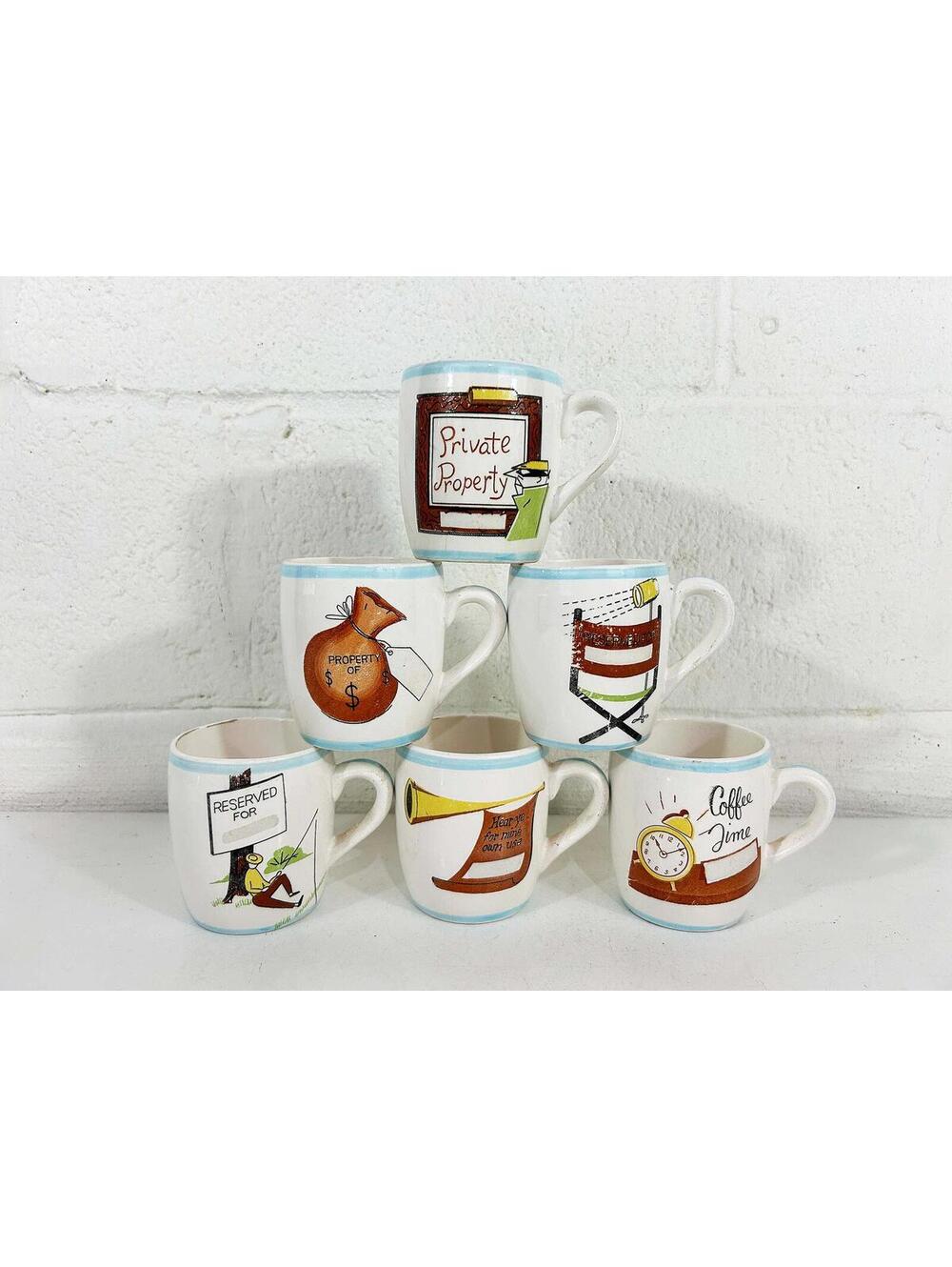 Vintage Coffee Time Mugs Set of 6 Personalized Novelty Cups 1950s